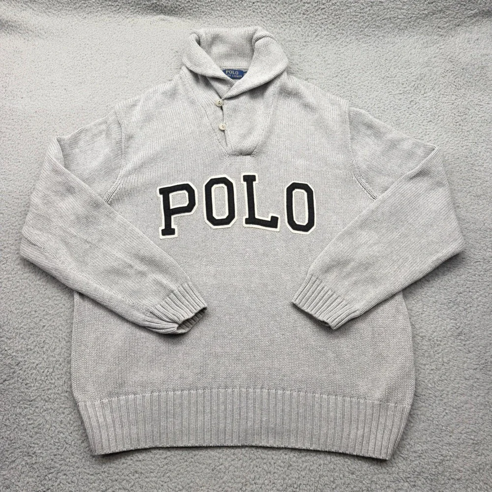 Polo Ralph Lauren Mens XXL Gray Shawl Collar Varsity Spellout Pullover Sweater